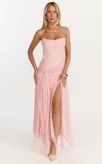 Idris Maxi Dress - Cowl Neck Draped Sash Godet Dress In Soft Pink