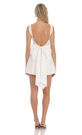 High Neck Back Bow Dress In White