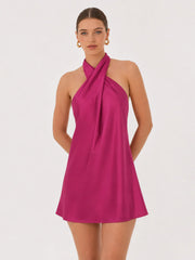 Satin Cross Halter Dress In Magenta