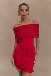 Caspian Slinky And Mesh Off Shoulder Mini Dress - Ruby