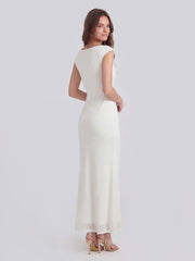 Asymmetric Sleeve Bodycon Gown With Knot-Shoulder Detail