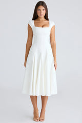 White Square Neck Twill Midi Dress