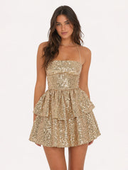 Sequin Lace Up Dress In Gold