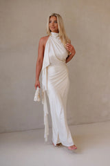 Halter Neck Satin Jersey Maxi Dress-Ivory