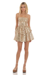 Sequin Lace Up Dress In Gold