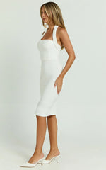 Vanessa Midi Dress - Halter Neck Below Knee Column Dress In White
