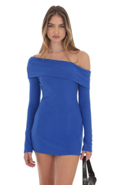 Ribbed Off Shoulder Dress in Blue