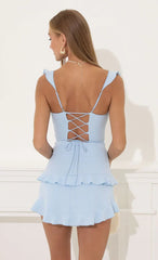 Techno Crepe Ruffle Corset Dress In Blue