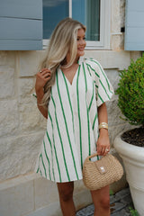 Madison Puff-Sleeve Striped Mini Dress-Kelly Green