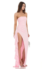 Strapless Ruched Ruffle Maxi Dress In Pink