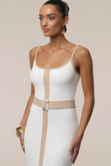 Ivory Beige Belted Cami Maxi Dress
