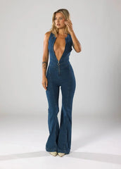 Duttini | Fitted Denim Jumpsuit With Plunge Neck And Flared Legs