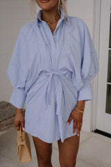 Puff Sleeve Mini Poplin Dress-White/Blue