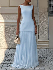 Livette - Boat Neck Pleated Maxi Dress