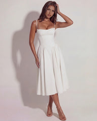White Midi Dress With Sweetheart Neckline And Hidden Pockets