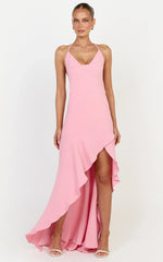 Sunny Maxi Dress - Cowl Neck Asymmetric Hem Dress in Pink