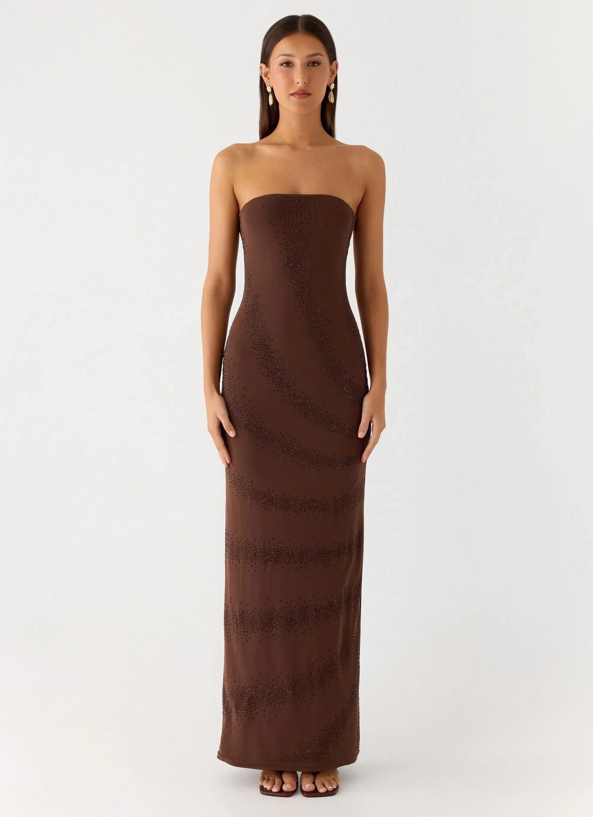 Belisse Beaded Mesh Maxi Dress Chocolate