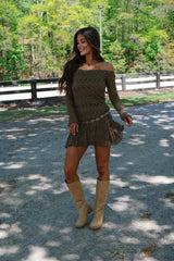 Off The Shoulder Lace Dress-Olive