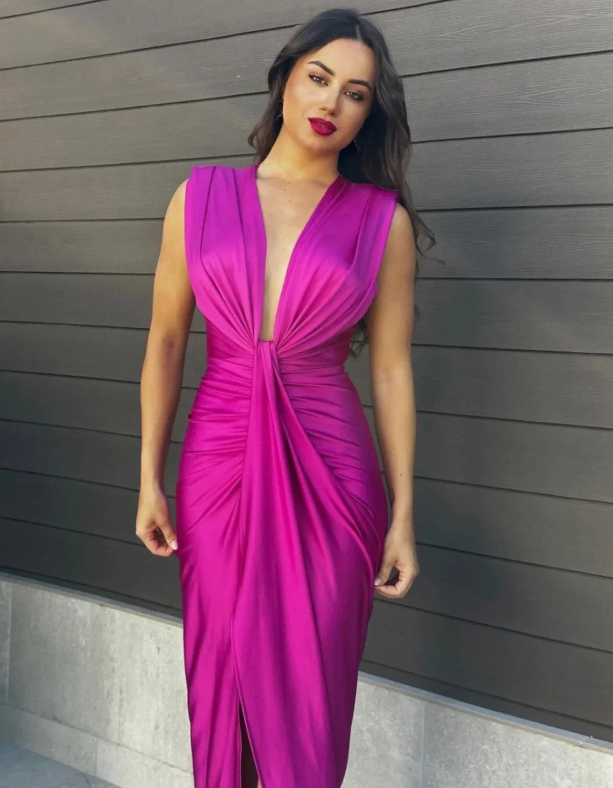 Duttini | Draped Plunge Evening Dress For Women – Dresses Collection