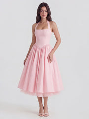 Lace-Up Halter Midi With Exposed Tulle Hem