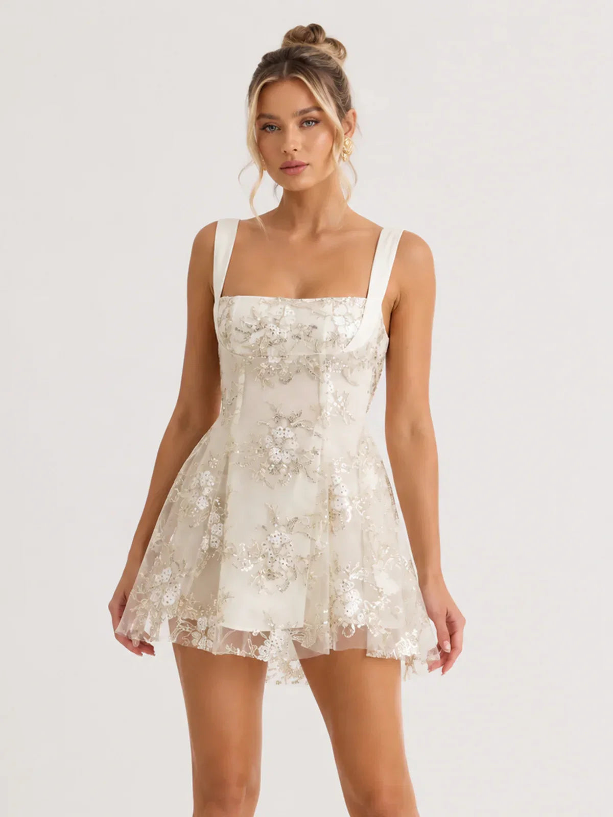 Floral Sequin Tulle Dress In White