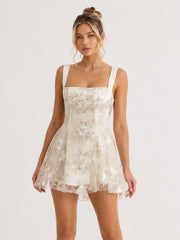 Floral Sequin Tulle Dress In White