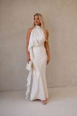 Halter Neck Satin Jersey Maxi Dress-Ivory